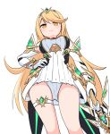  bangs bare_legs bare_shoulders blonde_hair breasts chest_jewel cleavage_cutout clothing_cutout dress earrings elbow_gloves gloves highres jewelry large_breasts long_hair mythra_(xenoblade) panties pantyshot paskmel short_dress swept_bangs thigh_strap tiara underwear very_long_hair white_dress white_gloves xenoblade_chronicles_(series) xenoblade_chronicles_2 yellow_eyes 