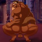  anthro anus backsack ball_tuft balls beard beast_(disney) blue_eyes body_hair brown_balls brown_body brown_fur brown_penis brown_perineum butt butt_hair clothed clothing crouching edit erection facial_hair fur genitals greeneyedwolfking hi_res horn humanoid_genitalia humanoid_penis looking_back male monster muscular muscular_anthro muscular_male nude pecs penis perineum rear_view saggy_balls shirt smiley_face solo topwear tuft unknown_editor 