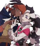  2boys belt black_hair blue_hoodie blush closed_eyes closed_mouth collar commentary_request cropped_jacket dark_skin dark_skinned_male earrings eyeshadow from_side grey_collar grey_eyeshadow highres hood hoodie jacket jewelry long_hair makeup male_focus multicolored_hair multiple_boys open_mouth orange_headwear piers_(pokemon) pokemon pokemon_(game) pokemon_swsh raihan_(pokemon) smile sparkle teeth two-tone_hair undercut white_hair zigzagdb 