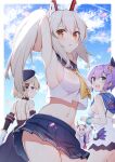  4girls :d armpits arms_behind_back arms_up ascot ayanami_(azur_lane) azur_lane back bare_arms bare_shoulders beret black_headwear blonde_hair blue_eyes blue_skirt blue_sky cloud cloudy_sky crop_top crop_top_overhang dress groin hair_ornament hat highres javelin_(azur_lane) laffey_(azur_lane) long_hair looking_at_viewer midriff miniskirt multiple_girls navel no_bra open_mouth orange_eyes parted_lips pleated_skirt ponytail purple_hair sailor_collar school_uniform see-through_silhouette serafuku shade shirt short_dress short_hair shoulder_blades skirt sky sleeveless sleeveless_shirt smile stomach t@ke-g thighs white_hair white_shirt z23_(azur_lane) 