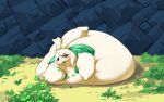  2018 anthro belly big_belly blue_background blush blush_stickers butt cave_story clothing female flower green_clothing green_shirt green_topwear hi_res hyper hyper_belly lagomorph leporid lying mammal mimiga on_front overweight overweight_anthro plant rabbit shirt simple_background solo topwear toroko veiukket video_games white_body 