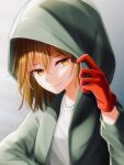  1other artist_name blue_background chara_(undertale) commentary_request gloves gradient gradient_background green_jacket highres hood hooded_jacket jacket light_brown_hair looking_at_viewer open_clothes open_jacket orange_eyes red_gloves shirt short_hair smile solo storyshift two-tone_background undertale white_background white_shirt yuupontan. 