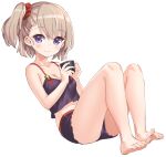  1girl azur_lane bare_legs bare_shoulders black_camisole black_shorts brown_hair camisole cup hair_ornament hair_scrunchie holding holding_cup hori_(hori_no_su) knees_up official_art purple_eyes red_scrunchie scrunchie shorts side_ponytail solo z23_(azur_lane) 