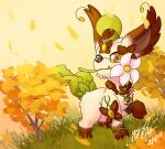  2021 ambiguous_gender brown_body brown_fur digitigrade eeveelution feral flower fur gingy_k_fox gloves_(marking) leafeon leg_markings looking_at_viewer markings nintendo outside plant pok&eacute;mon pok&eacute;mon_(species) quadruped shaded signature socks_(marking) solo tan_body tan_fur video_games yellow_eyes 