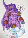  3:4 abs anal anthro argo_slothcat2 armor bathym blush bodily_fluids canid canine canis clothing cum cum_through_clothing demon duo fur genital_fluids hand_holding hi_res horn human human_on_male human_penetrating jockstrap male male/male mammal muscular muscular_anthro muscular_male pecs penetration purple_body purple_fur sex tokyo_afterschool_summoners traditional_media_(artwork) unconvincing_armor underwear video_games wet wet_clothing wolf 