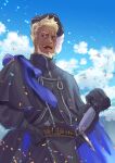  1boy :o absurdres beard belt black_cape black_gloves black_headwear blonde_hair blue_sky cape cck_(ops) clenched_hand confetti dark_skin dark_skinned_male day facial_hair gloves hat highres looking_at_viewer male_focus outdoors pixiv_fantasia pixiv_fantasia_mountain_of_heaven red_eyes scar scar_across_eye sheath sheathed sky solo standing verlis_geisler 