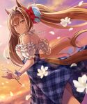  1girl animal_ears bangs blue_skirt blush bow bracelet breasts brown_hair commentary_request daiwa_scarlet eyebrows_visible_through_hair flower frilled_shirt frills from_behind grin hair_between_eyes hair_bow hair_intakes high-waist_skirt highres horse_ears horse_girl horse_tail jewelry long_hair looking_at_viewer looking_back medium_breasts off-shoulder_shirt off_shoulder outdoors pearl_bracelet plaid plaid_skirt puffy_short_sleeves puffy_sleeves red_bow red_eyes shirt short_sleeves skirt smile solo sunset tail tiara twintails umamusume very_long_hair white_flower white_shirt yuko_(uc_yuk) 