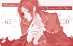 1boy bandages cape character_name cravat crying crying_with_eyes_open fate/grand_order fate_(series) gloves half_mask highres holding holy_grail_(fate) looking_away male_focus mizuki_(mz) monochrome phantom_of_the_opera_(fate) popped_collar red_theme smile solo star_(symbol) tears upper_body 