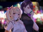  2girls absurdres bangs bare_arms bare_shoulders black_jacket black_nails blonde_hair blurry blurry_background blush breasts character_name cigarette closed_mouth collarbone earrings eyebrows_visible_through_hair floral_print from_side gundou_mirei hair_ornament hair_ribbon hairclip hand_on_another&#039;s_shoulder highres holding holding_cigarette hoshikawa_sara jacket jewelry large_breasts leather leather_jacket long_hair looking_at_another looking_at_viewer looking_to_the_side mask mask_pull mouth_mask multiple_girls nail_polish necklace nijisanji off_shoulder orange_eyes outdoors parted_lips pink_ribbon ponytail purple_hair rai_(newtype_xm-x1) ribbon shirt short_hair sleeveless upper_body virtual_youtuber white_shirt yuri 
