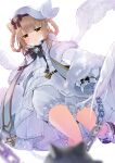  1girl :&lt; ann_(ann58533111) azur_lane black_bow black_ribbon bloomers blurry blush bow braid chain coat depth_of_field dress feathered_wings fur-trimmed_coat fur_trim gremyashchy_(azur_lane) hat highres light_brown_hair looking_at_viewer ribbon sailor_hat simple_background solo underwear very_long_sleeves white_background white_dress wings yellow_eyes 