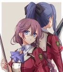  2girls absurdres aono_(aonocrotowa) ascot back-to-back bangs black_bow blue_eyes blue_hair border bow braid brooch brown_background eiyuu_densetsu emblem emma_millstein eyebrows_visible_through_hair facing_away glasses highres holding holding_staff holding_sword holding_weapon jewelry juliet_sleeves laura_s._arseid long_braid long_hair long_sleeves looking_at_viewer multiple_girls pink_hair ponytail puffy_sleeves purple_neckwear school_uniform semi-rimless_eyewear sen_no_kiseki sidelocks simple_background staff sword upper_body weapon 