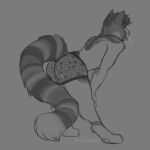  1:1 absurd_res anthro bent_over breasts butt clothing doubt_(kittbites) felid feline female fluffy fluffy_tail hands_on_legs hi_res kingparked mammal monochrome raised_tail rear_view small_breasts solo stripes underwear whiskers 