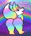  ambiguous_gender anthro big_butt butt canid canine detailed_background dialogue english_text eyelashes fangs fox looking_at_viewer looking_back mammal nishi_oxnard open_mouth pastel rainbow solo star teeth_showing text 