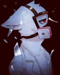  absurd_res anthro black_background canid canine canis changed_(video_game) clothing coat dr._k_(changed) fur gas_mask glass hi_res lab_coat looking_aside male mammal mask poch1 red_eyes simple_background solo topwear white_body white_fur wolf 