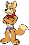  bandanna briefs bulge canid canine clothing crossed_arms fox fox_mccloud fur goronic green_eyes kerchief male mammal nintendo orange_body orange_fur purple_briefs purple_clothing purple_underwear red_clothing simple_background solo star_fox tan_body tan_fur teeth_showing underwear video_games whiskers white_background 