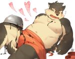  1boy animal_ears apron bara bare_pecs belly blush bulge candy chocolate chocolate_heart chocolate_on_body chocolate_on_face eyebrow_cut feet_out_of_frame food food_on_body food_on_face forked_eyebrows furry gomtang heart lying male_focus moritaka_(tokyo_houkago_summoners) muscular muscular_male naked_apron navel nipples on_back orange_apron pectorals plump scar scar_on_chest short_hair solo stomach tail thick_thighs thighs tokyo_houkago_summoners valentine wolf_boy wolf_ears wolf_tail 
