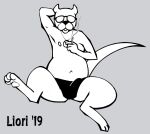  achewood anthro barefoot bulge cigarette clothed clothing domestic_cat eyewear feet felid feline felis glasses grey_background hand_behind_head male mammal monochrome open_mouth ray_smuckles redo_(artist) simple_background smoking solo speedo swimwear topless 