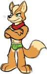  bandanna briefs bulge canid canine clothing crossed_arms fox fox_mccloud fur goronic green_briefs green_clothing green_eyes green_underwear hi_res kerchief male mammal nintendo orange_body orange_fur red_clothing simple_background solo star_fox tan_body tan_fur teeth_showing underwear video_games whiskers white_background 