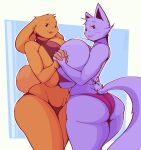  anthro big_breasts big_butt blep bloobiesus breast_squish breasts breasts_frottage brown_body brown_fur butt cleavage clothed clothing domestic_cat duo felid feline felis female female/female fur huge_breasts hyper hyper_breasts lagomorph leporid mammal purple_body rabbit squish tongue tongue_out 