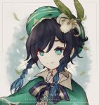  1boy androgynous artist_name bangs beret black_hair blue_hair bow braid brooch cape character_name collared_cape dragonagia643 english_text eyebrows_visible_through_hair flower gem genshin_impact gradient_hair green_eyes green_headwear hair_flower hair_ornament hat highres jewelry leaf looking_at_viewer male_focus multicolored_hair shirt short_hair_with_long_locks simple_background smile solo twin_braids venti_(genshin_impact) white_flower white_shirt 