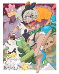  1girl bangs barefoot bea_(pokemon) black_bodysuit black_hairband bodysuit bodysuit_under_clothes border bow_hairband clenched_hands closed_mouth collared_shirt commentary dynamax_band full_body gen_1_pokemon gen_2_pokemon gen_8_pokemon gigantamax gigantamax_machamp gloves grey_eyes grey_hair gym_leader hair_between_eyes hairband highres hitmontop knee_pads machamp outline outside_border pokemon pokemon_(creature) pokemon_(game) pokemon_swsh print_shirt print_shorts shirt short_hair short_sleeves shorts side_slit side_slit_shorts single_glove sirfetch&#039;d tanitaniyaaan tied_shirt toes white_border 