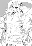  1boy abs animal_ears bara check_copyright copyright_request cowboy_shot gomtang greyscale humanization large_pectorals long_hair macan_(tokyo_houkago_summoners) male_focus monochrome muscular muscular_male navel navel_hair nipples pelvic_curtain shirtless sidelocks solo stomach tail thick_eyebrows tiger_boy tiger_ears tiger_stripes tiger_tail tokyo_houkago_summoners 