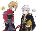  2boys ahoge blonde_hair blue_eyes dual_persona fire_emblem fire_emblem_awakening fire_emblem_heroes gloves green_eyes grima_(fire_emblem) hood jacket long_sleeves male_focus manakete monado mugimugis multiple_boys robe robin_(fire_emblem) robin_(fire_emblem)_(male) short_hair shulk_(xenoblade) spoilers super_smash_bros. vest white_hair xenoblade_chronicles xenoblade_chronicles_(series) yellow_eyes 