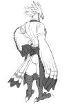  2021 3_toes anthro avian bartender beak bird bottomless braided_hair breath_of_the_wild butt claws clothed clothing feathers feet greyscale hair hi_res machikkk male monochrome nintendo rear_view rito scutes simple_background solo tail_feathers talons teba_(tloz) the_legend_of_zelda toe_claws toes topwear video_games white_background winged_arms wings 