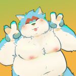  1:1 2021 anthro belly blue_body blue_fur blush eyes_closed felid feline fur hi_res kemono male mammal moobs nipples overweight overweight_male qqmelon888 simple_background solo tongue tongue_out white_body white_fur 