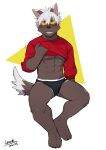  abs anthro black_body black_fur blush canid canine canis chang52084 clothed clothing clothing_lift domestic_dog fur hair male mammal muscular muscular_anthro muscular_male nipples pecs shirt shirt_lift solo t-shirt tadatomo tokyo_afterschool_summoners topwear underwear video_games white_hair 