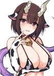  1girl animal_ears animal_print bangs bare_shoulders bell bikini bikini_top breast_hold breasts bridal_gauntlets brown_hair cow_ears cow_girl cow_print eriko_(princess_connect!) fingerless_gloves gloves grin horns horosuke_(toot08) large_breasts neck_bell princess_connect! princess_connect!_re:dive print_bikini purple_eyes short_hair sidelocks simple_background smile solo sweat swimsuit tail white_background yandere 