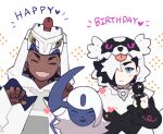  2boys absol black_hair blush claw_pose closed_eyes closed_mouth commentary_request dark_skin dark_skinned_male duraludon fang galarian_form galarian_zigzagoon gen_3_pokemon gen_8_pokemon hair_over_one_eye hands_up happy_birthday heart holding holding_microphone hood hood_up long_sleeves male_focus microphone multicolored_hair multiple_boys open_mouth piers_(pokemon) pokemon pokemon_(creature) pokemon_(game) pokemon_swsh raihan_(pokemon) smile two-tone_hair white_hair zigzagdb |d 