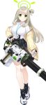  1girl ammunition_belt ammunition_box artist_request blue_archive breasts fingerless_gloves full_body gatling_gun gloves green_eyes grey_hair halo highres id_card jacket large_breasts minigun nonomi_(blue_archive) official_art open_clothes open_jacket school_uniform shoes sneakers socks solo transparent_background weapon_request 