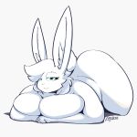  1:1 anthro ass_up big_breasts big_butt bloobiesus breasts butt female green_eyes hi_res huge_breasts lagomorph leporid mammal nude rabbit simple_background smile solo thick_thighs white_background white_body 