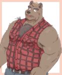  2021 anthro bottomwear brown_body brown_fur clothing fur hi_res kemono male mammal overweight overweight_male pants shirt simple_background solo topwear ursid yanutorie 