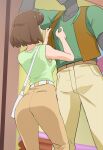  1girl ass bag brown_hair brown_pants from_behind glasses green_shirt haruyama_kazunori mannequin pants precure sakuragawa_saki shirt short_hair sleeveless sleeveless_shirt solo standing tropical-rouge!_precure 