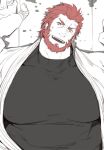  1boy bara beard black_sweater covered_nipples facial_hair fate/zero fate_(series) gomtang head_tilt iskandar_(fate) jacket large_pectorals looking_at_viewer lying male_focus mature_male muscular muscular_male on_back open_clothes open_jacket portrait red_eyes red_hair short_hair solo sweatdrop sweater upper_body 