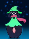  anthro balls black_body bottomless bovid caprine clothed clothing deltarune flaccid genitals girly goat ikkykrrk mammal no_underwear penis ralsei scarf simple_eyes solo thick_thighs video_games 