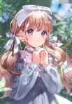  1girl animal blue_bow blue_dress blue_eyes blurry blurry_background blush bow brown_hair bug butterfly closed_mouth commentary depth_of_field dress english_commentary hair_bow hands_together hands_up highres insect long_hair long_sleeves low_twintails original own_hands_together puffy_long_sleeves puffy_sleeves puracotte smile solo twintails upper_body very_long_hair 