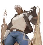  1boy bandaged_arm bandages bara belt brown_belt brown_gloves brown_jacket bulge character_request check_copyright copyright_request dark_skin dark_skinned_male denim feet_out_of_frame fighting_stance gloves gomtang jacket jeans large_pectorals long_sideburns male_focus mature_male midriff_peek muscular muscular_male navel open_clothes open_jacket original pants sand shirt short_hair sideburns solo thick_thighs thighs tight tight_shirt unzipped very_dark_skin white_hair white_shirt 