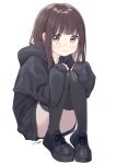  1girl :i absurdres bangs black_footwear black_hoodie black_legwear blunt_bangs blush brown_eyes brown_hair closed_mouth commentary_request eyebrows_visible_through_hair hands_on_own_knees highres hood hood_down hoodie knees_together knees_up long_sleeves looking_at_viewer medium_hair nanase_kurumi_(menhera-chan) original pomu signature simple_background sitting solo tears thighhighs white_background 