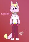  absurd_res anthro blonde_hair bottomwear canid canine canis clothing female hair hi_res lucy_rojas mammal pants pink_body purple_eyes sattiaris sleeveless_shirt solo wolf 