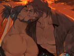  2boys abs bara beard brown_hair chest_hair dark_skin dark_skinned_male facial_hair from_side gomtang hanzo_(overwatch) jacket kiss large_pectorals male_cleavage male_focus mature_male mccree_(overwatch) multiple_boys muscular muscular_male nipples open_clothes open_jacket overwatch short_hair sunset tied_hair upper_body yaoi 