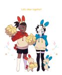  2boys black_hair black_legwear blue_eyes blush commentary_request dark_skin dark_skinned_male english_text fang gen_3_pokemon highres holding holding_pom_poms hood hoodie knees male_focus minun multicolored_hair multiple_boys open_mouth piers_(pokemon) plusle pokemon pokemon_(creature) pokemon_(game) pokemon_swsh pom_poms raihan_(pokemon) sleeves_past_elbows smile socks thighhighs two-tone_hair undercut white_hair white_legwear younger zigzagdb 