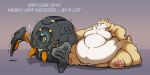  2:1 belly blizzard_entertainment cricetid english_text feral gritzoz hammond_(overwatch) hamster hi_res hindpaw machine male mammal moobs obese obese_feral obese_male overwatch overweight overweight_feral overweight_male paws rodent solo text thick_thighs video_games wiskers 