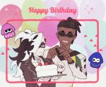  2boys alternate_costume blue_eyes brown_hair cake closed_mouth collar collarbone commentary_request earrings eye_mask food framed grey_collar hands_together happy_birthday heart heart_hands holding holding_tray jacket jewelry long_sleeves male_focus multicolored_hair multiple_boys piers_(pokemon) pokemon pokemon_(game) pokemon_swsh raihan_(pokemon) shirt tray two-tone_hair undercut white_hair zigzagdb 