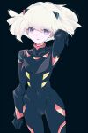  1boy androgynous bodysuit evangelion:_3.0_you_can_(not)_redo green_hair highres lio_fotia looking_at_viewer male_focus neon_genesis_evangelion nie_(isgm_nie) nieishigami pilot_suit plugsuit promare purple_eyes rebuild_of_evangelion short_hair solo test_plugsuit 