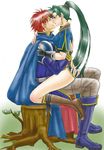  1girl aozora_kyuuji blush boots couple eliwood_(fire_emblem) fire_emblem fire_emblem:_rekka_no_ken gloves green_eyes green_hair hetero high_ponytail imminent_kiss kiss legs long_hair lyndis_(fire_emblem) pelvic_curtain straddling thighs upright_straddle 