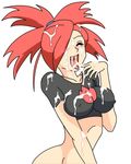  1girl asuna_(pokemon) bottomless breasts cum cum_in_mouth cum_on_arms cum_on_body cum_on_breasts cum_on_hair cum_on_upper_body facial flannery gym_leader happy no_panties pokemon tongue 