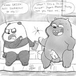  1:1 2021 absurd_res angry anthro balls bodily_fluids cartoon_network cum duo english_text furniture genital_fluids genitals giant_panda grizzly_(wbb) hi_res male mammal monochrome overweight overweight_male panda_(wbb) penis phone queefofspades sitting sofa sweat text ursid we_bare_bears 